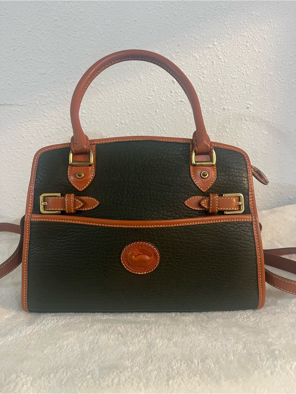 Dooney & Bourke Black Satchel with Brown Trim and Gold Hardware